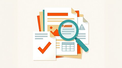 A stack of documents and forms with a magnifying glass on top, magnifying some details of the top document.